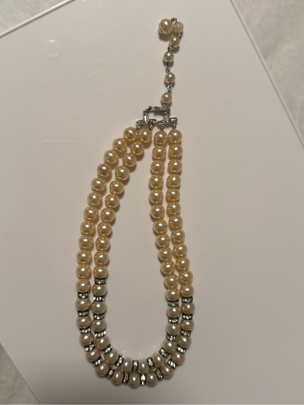 Vintage Crown Trifari Faux Pearl Necklace Rhinestone Rondels